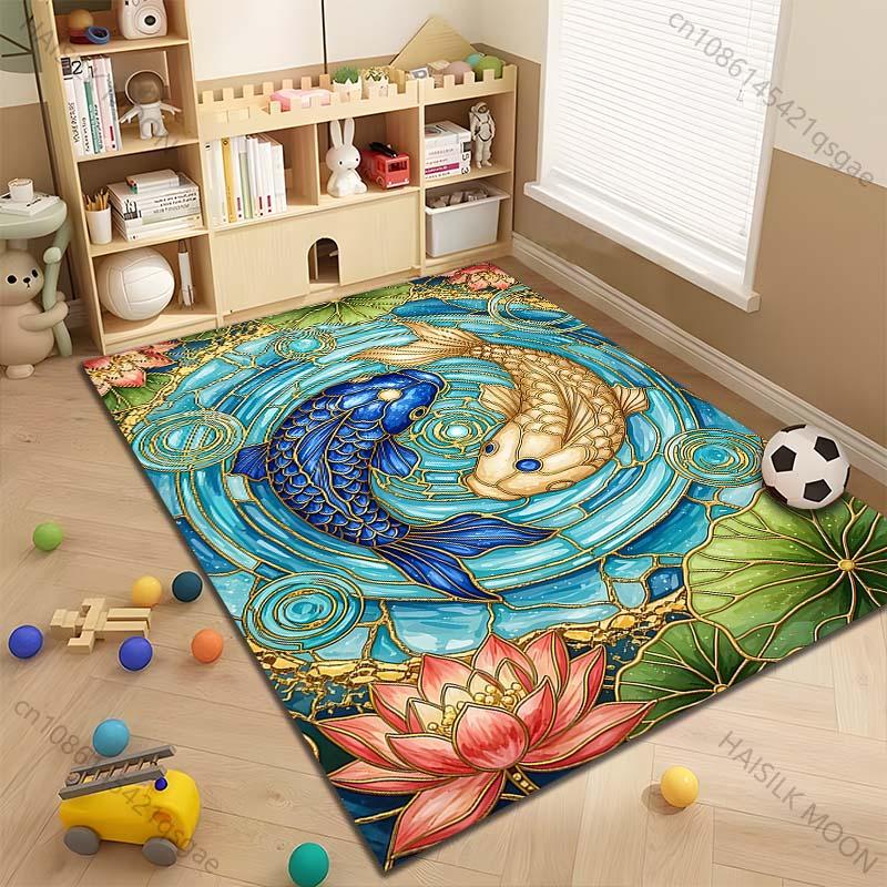 Multiple sizes Koi pond with lotus pattern Carpet for Living Room Bedroom Sofa Home Decor Rug Non-slip Floor Mat Luxury Gift