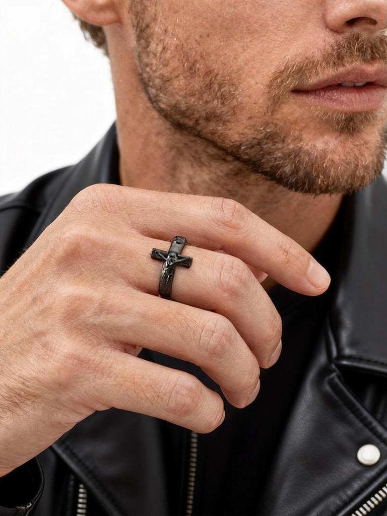 Offener Kreuzring für Männer, Edelstahl Schwarz/Gold/Silber Farbe Jesus Kruzifix Verstellbares Band, Punk Glaubensschmuck Geschenk