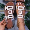 Fashion 2025 Round Headed Leather Ladies' Sandals Flat Casual Beach Shoes Comfortable Footwear with Metal Decoration Fashion Women Shoes