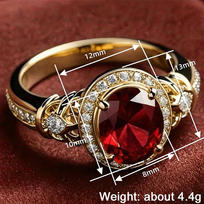 Huitan Anelli Nuziali Ovali Dorati con Zirconia Cubica Rossa per Donne Accessori Eleganti Temperamento Gioielli per Feste di Anniversario