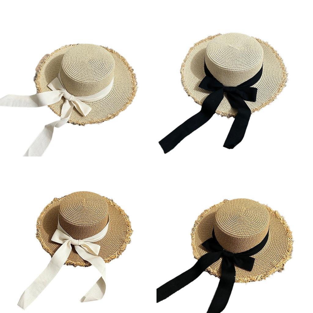 Sommer Frische Runde Oberseite Strohhut Damen Strandurlaub Sonnenhut Schmetterlingsknoten Binden Sonnenschirmkappe