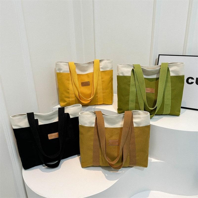 Canvas bag, new shoulder bag, fashionable and simple, contrasting colors, large-capacity tote bag, bag.