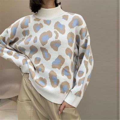 Winter Damen Pullover Leopardenmuster Tier Basic Weiß Rollkragen Oversize Pullover Vintage Warme Strickpullover für Damen