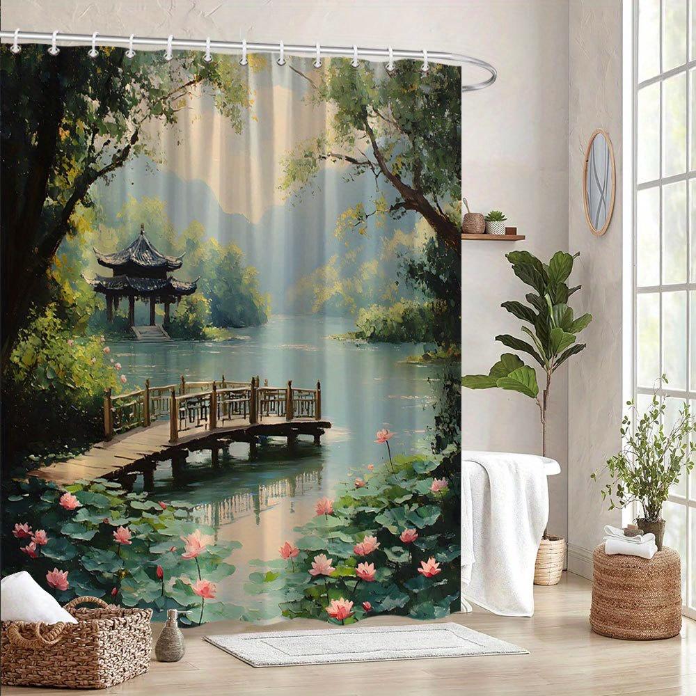 Chinese Landscape Bath Curtain – Waterfront, Wooden Bridge, Lotus & Mountains, 70x70in, Polyester, Washab