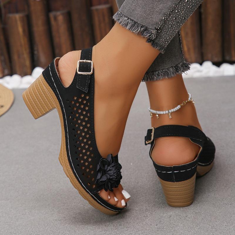 Flower High Heel Sandals Summer New European and American Fashion Block Heel Buckle Women's Sandals