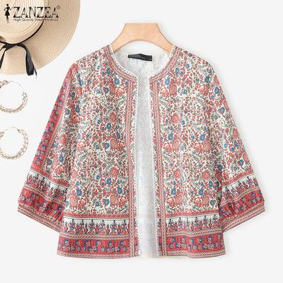 Damen Freizeit Rundhals Locker Halber Ärmel Print Strickjacke Bluse