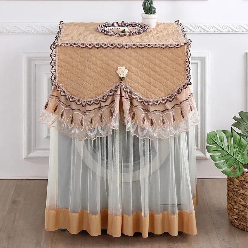 Washing Machine Cover Universal Washing Machine Cover with Roller and Wave Wheel Upflip Washing Machine Dustproof Lace Cover