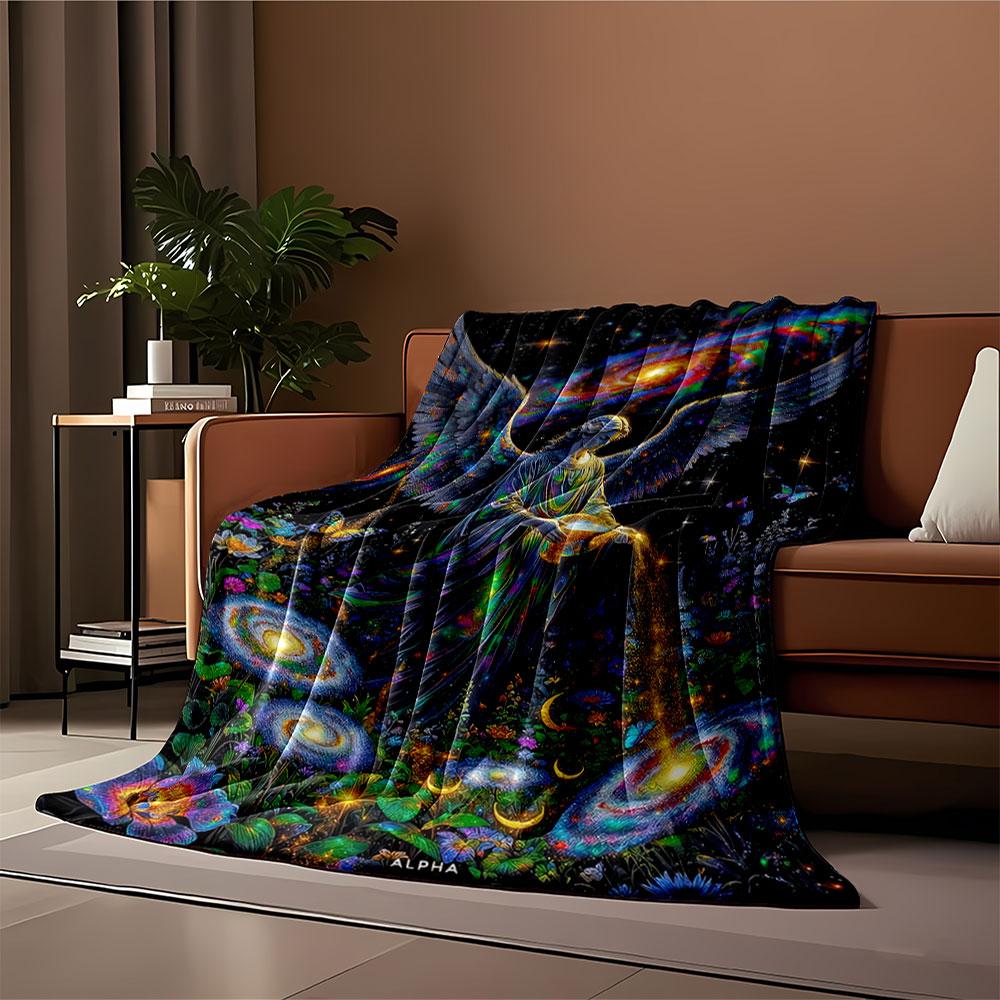 A Celestial Angel Pours Glowing Stardust Into a Cosmic, Floral Scene. for All Seasons Blanket Lunch Break Throw Gift