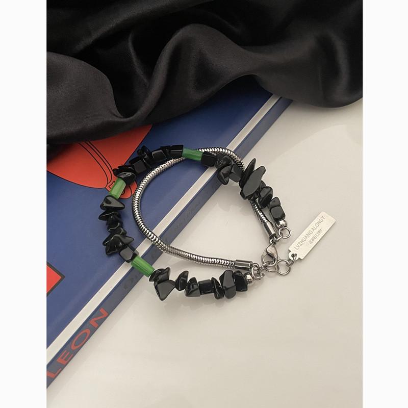 Black Stone Titanium Steel Men Women Street Fashion Geometric Bracelet For Casual Wear