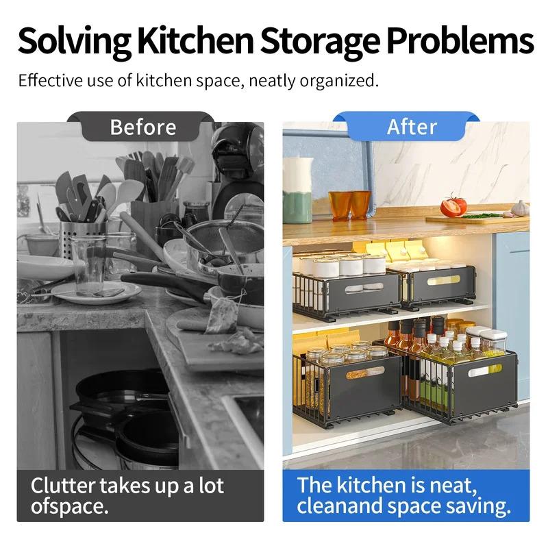Pull-out cabinet organizer, sliding metal storage basket for kitchen, fits various room cabinets, home organization accessory