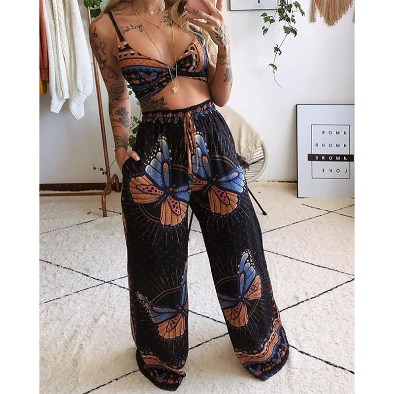 Women Pants Sets Butterfly Print Drawstring Twisted Tube Top Loose Wide Leg Ladies Suit Summer Sleeveless Beach Female Outfits