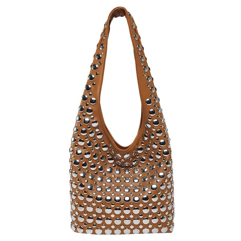 

Fashi Rivets PU Large Capacity Bucket Shoulder Bags 2026 High Quality Versatile Popularity Persality Tote Bags for Women кавовий
