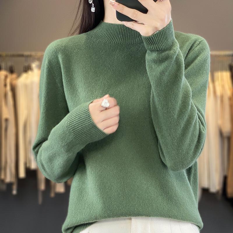 Women's Seamless Wool Sweater: Autumn/Winter Half-High Neck, Loose Fit, Knitted Base Layer