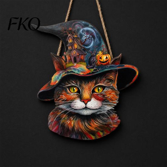 Witch Hat Halloween Sign Wooden Hanging Door Sign, Cute Painted Cat Welcome Ornament with Haunted Solid Wood Plaque House Pumpkin, Rustic Wall