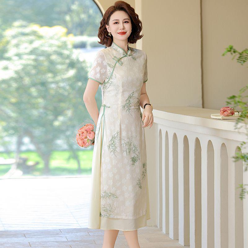 Mid-length Summer Printed Cheongsam for Middle-aged Women