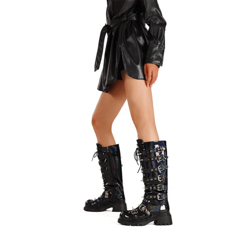 Fashion Retro Belt Buckle Metal Rivet Hollow Out Long Boots European American Casual Punk Style Shiny Thick Heel Motorcycle Boots 34-43