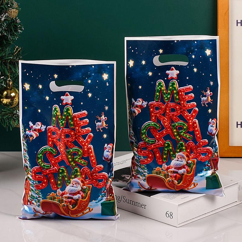 30 Stück Weihnachten Plastik Geschenktüten Frohe Weihnachten Goodie-Tüte mit Henkel Leckerli Süßigkeiten Keks Snacktüte für Weihnachtsfeier Zubehör