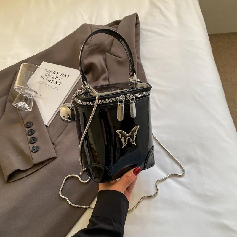 

Черная кожаная коробка для дам, сумка-ведро с бабочкой, на одно плечо, элегантная цепная сумка, сумка для вечеринки, шикарная, универсальная, модная