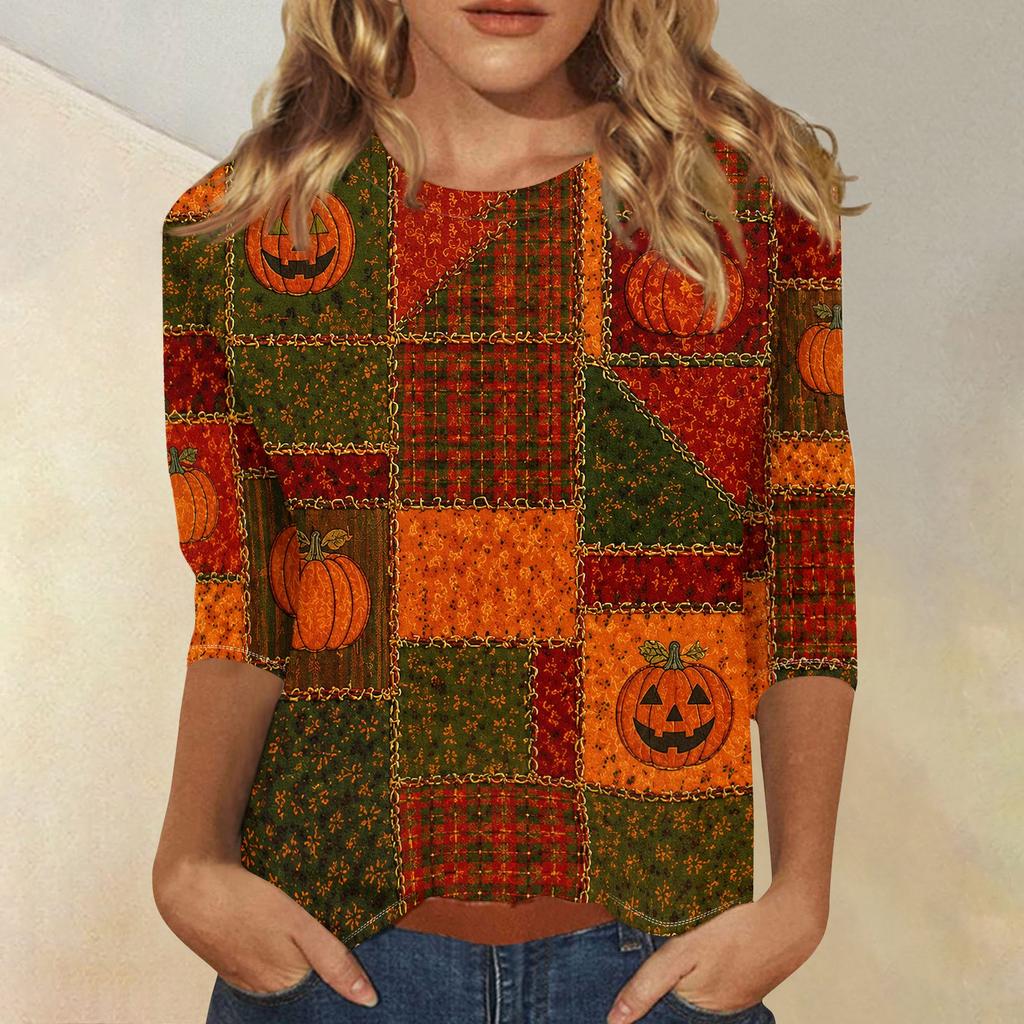 Women's Fashion 3/4 Sleeve Round Neck Top with Maple Leaf Print for Casual Wear