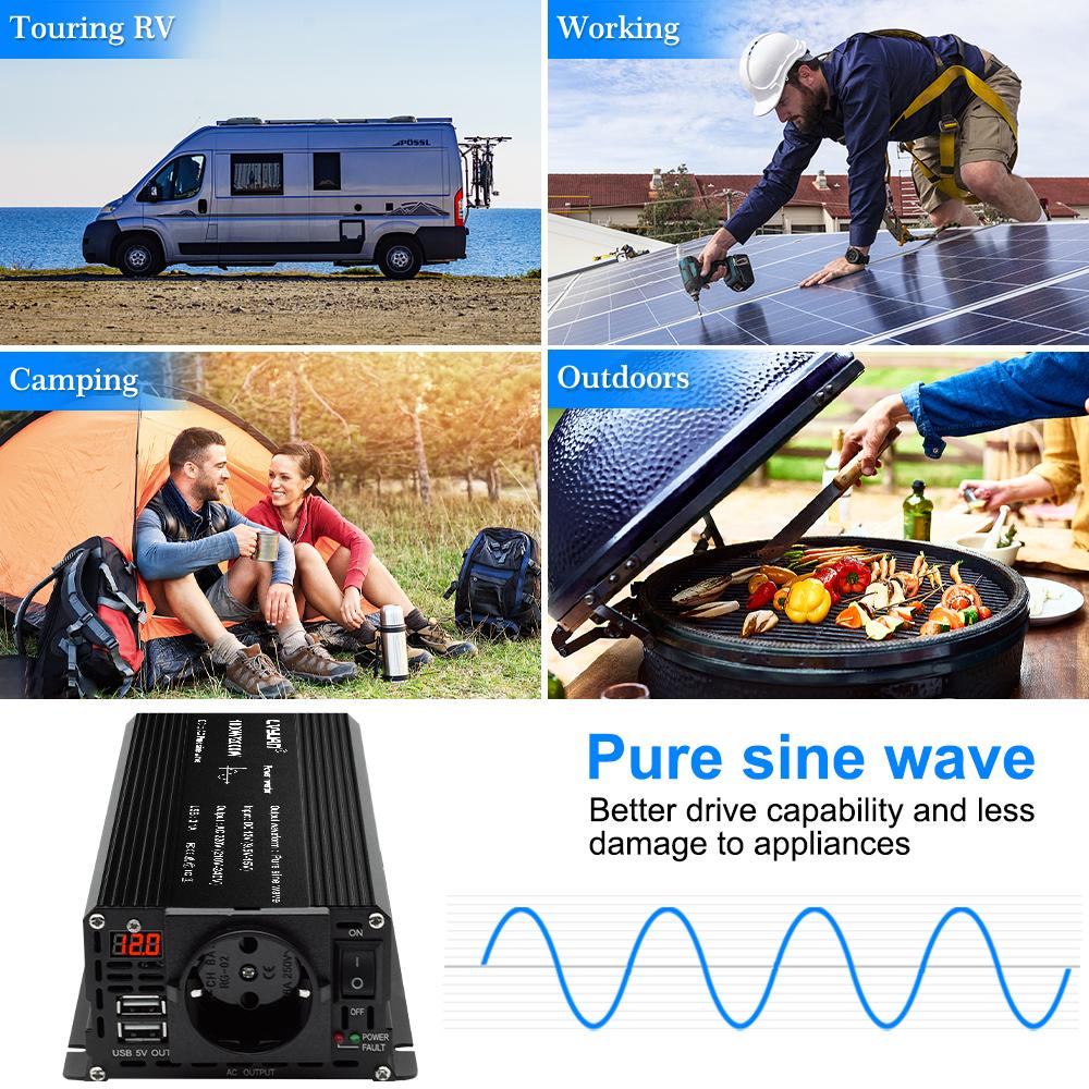 2000W (Vrchol) 12V až 230V 1000W Jmenovitý výkon Pure Sine Inverter 2 x 5V 2,4A USB Vhodné pro kempingové domácí solární systémy mimo síť