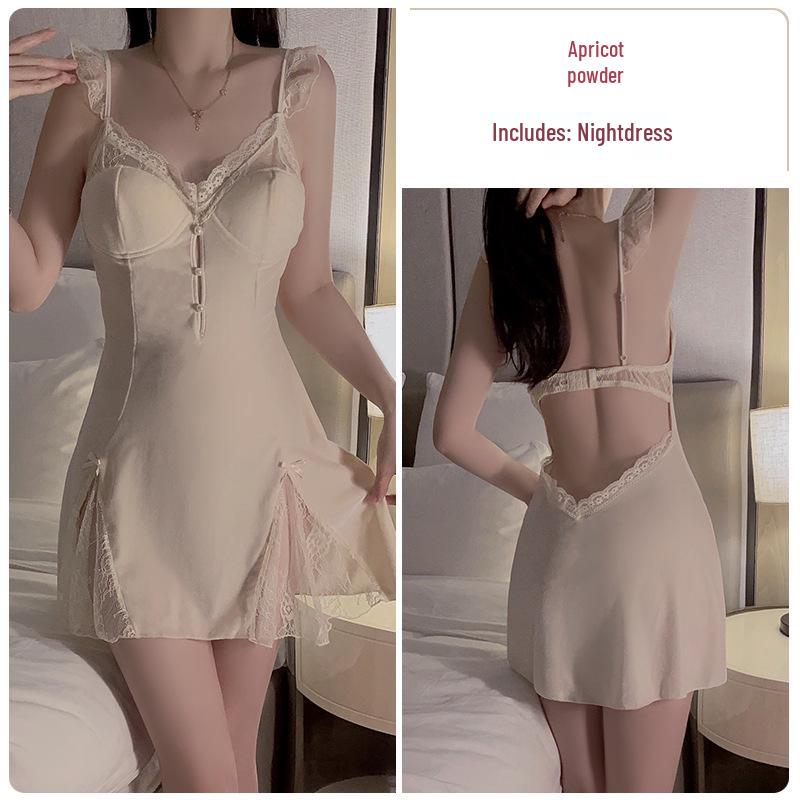 Gorgeous Lace See-Through Deep V Velvet Nightgown & Robe Set with Padding - Sweet Temptation 3908