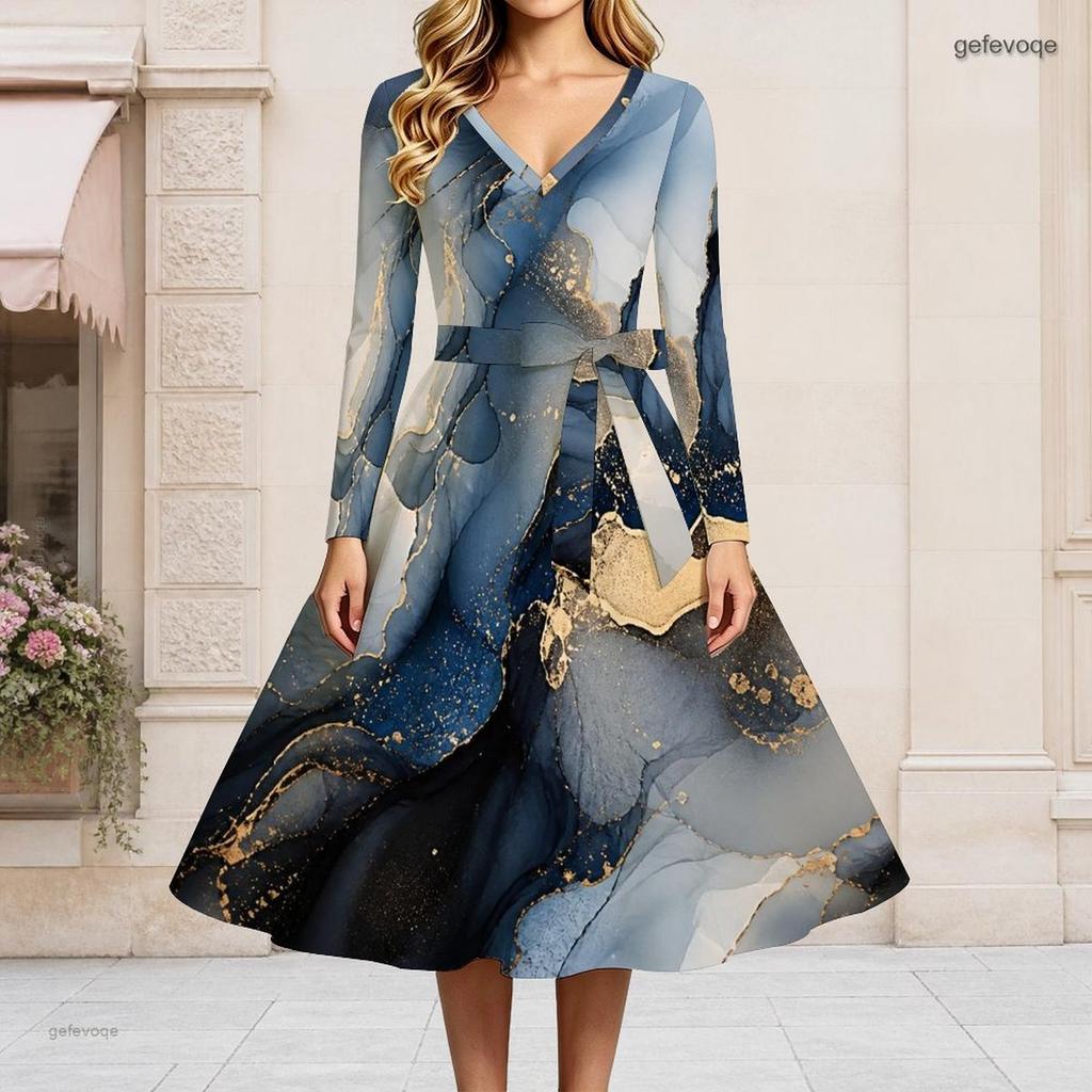 Women Plus Size V Neck Long Sleeve Teal Blue Printed A Line Dress With Belt