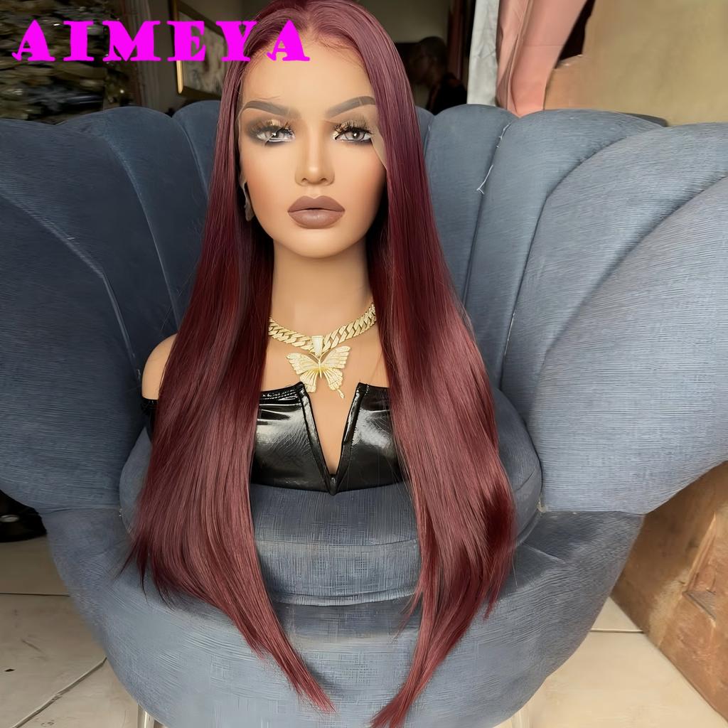 Burgundy Lace Front Wig 13x4 Frontal Long Silky Straight Wigs Glueless Synthetic Hair Mix Wine Red Natural Looking Daily Wear