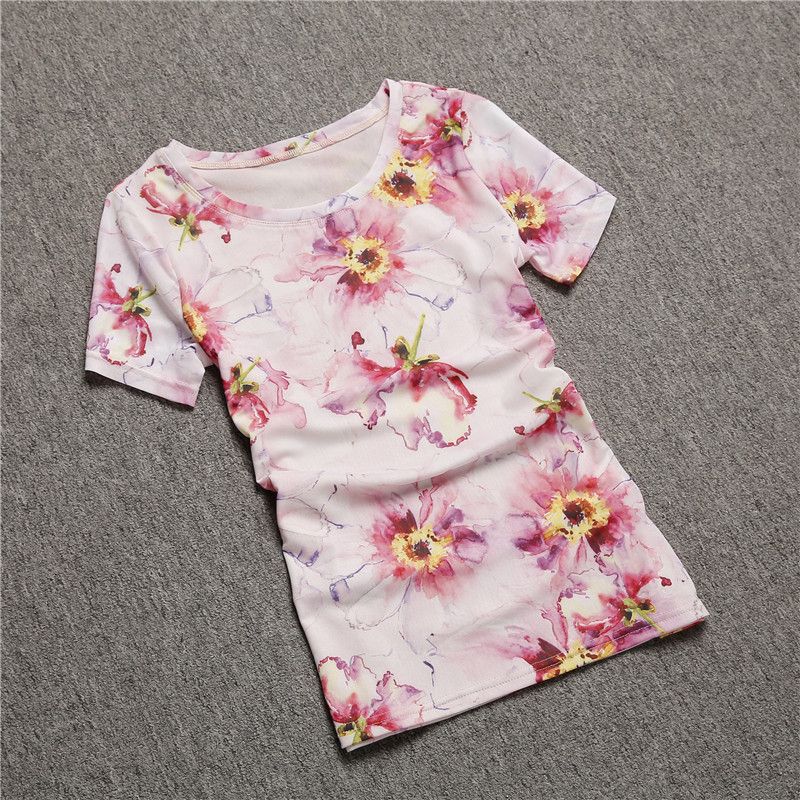 

Women s Base Shirt Summer Print Silm Half Sleeve Voile Pink(Short Sleeve) S
