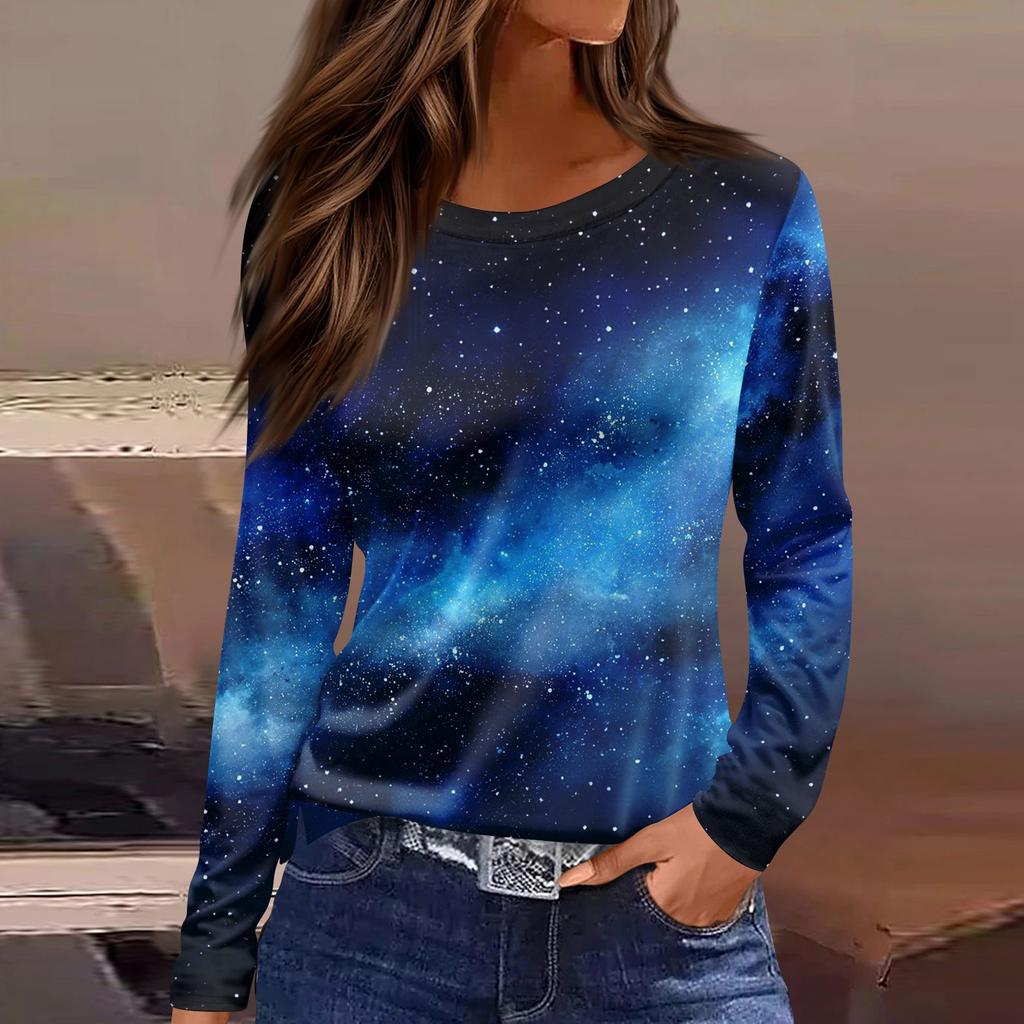 Women's Fashion Casual Slit Hem Round Neck Long Sleeve Loose Printed T,Shirt Ladies Top
