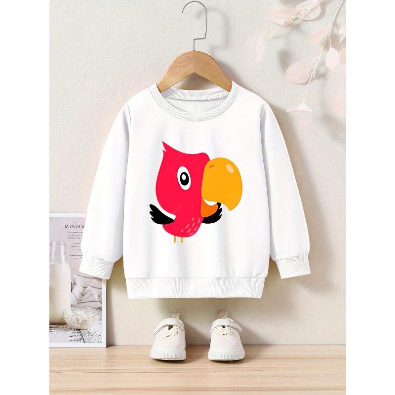 Kids' Cartoon Bird Print Crew Neck Sweatshirt - Regular Fit, Casual Style, Applique Detail