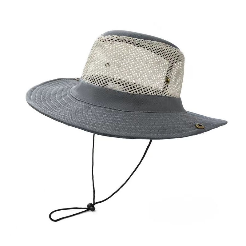 

New Style Fisherman Hat Flat Top Fashion Outdoor Sun-Proof and Breathable Mesh Fishing Hat Men s Sun-Shade Hat Cowboy Hat Plastic snap button Gray All yards