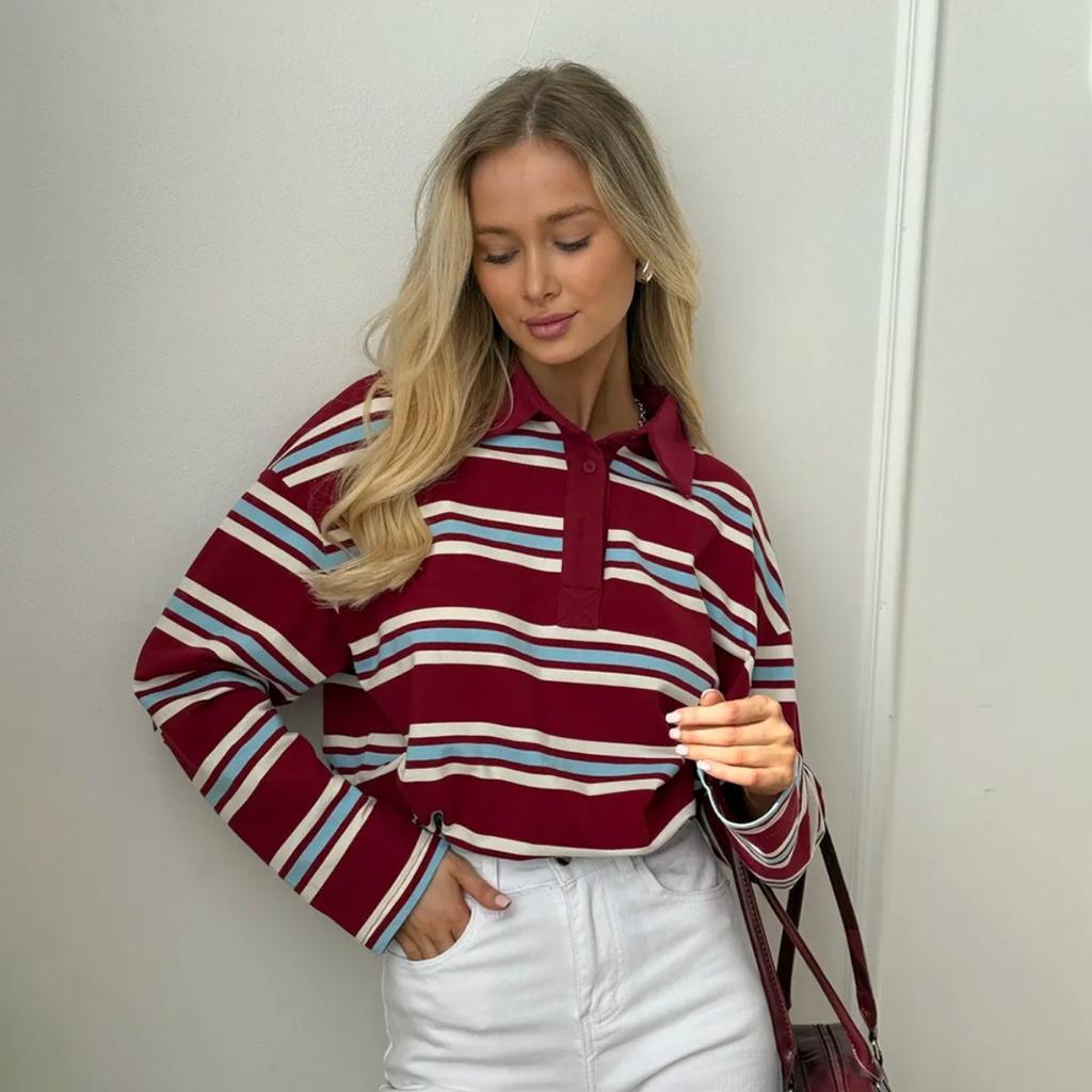 Women's Spring Summer Long Sleeve Striped Polo T-Shirt, Loose Retro Trendy Casual Top for Women