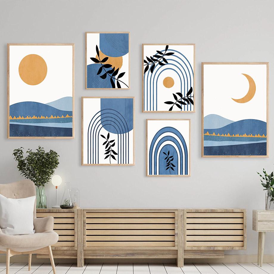 Mountain Sun Lines Rainbow Leaves Geometry Wall Art Canvas Painting Abstract Posters Prints Pictures For Living Room Home Decor