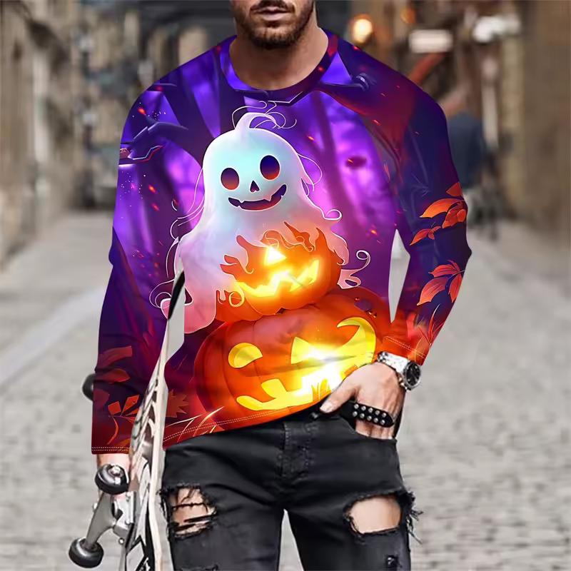 Print Long Sleeve T Shirt Men Fall New Fashion Men's Clothing Pumpkin Graphic T Shirts Casual Men Long Sleeve T-shirt