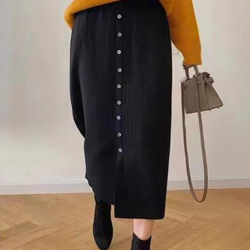 High Waisted Knitted Midi Skirt for Women Autumn New Style Front Slit Mid Length Loose Knitted Skirt