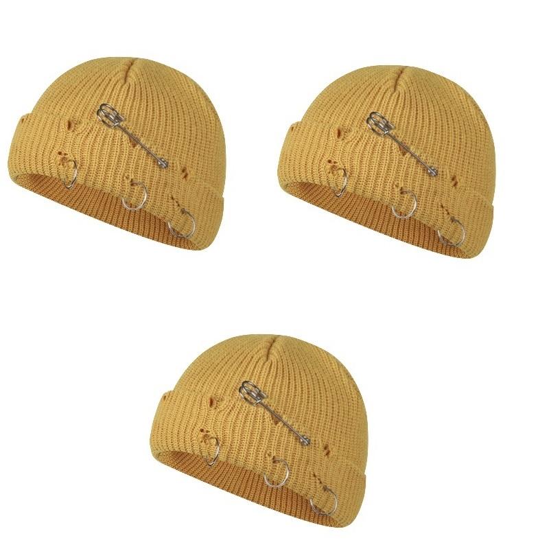 Women Girls Y2k Gothic Beanie Winter Knit Hats Trendy Metal Rings Pin Hip Hop Streetwear Harajuku Skull Cap Emo Scene Grunge