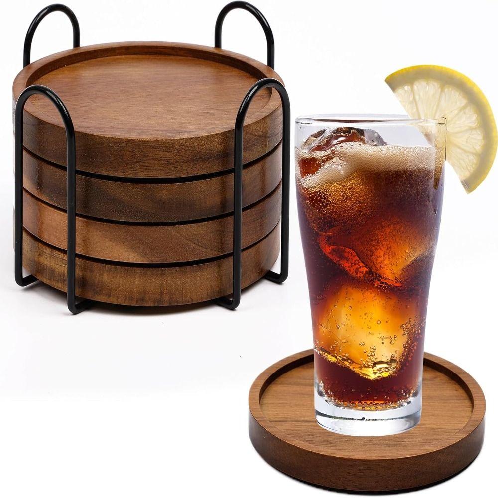 1/4/6Pcs Minimalist Wooden Coasters Natural Absorbent Modern Rustic Heat Insulation Pad with Bracket Eco-Friendly Table Mat Desk