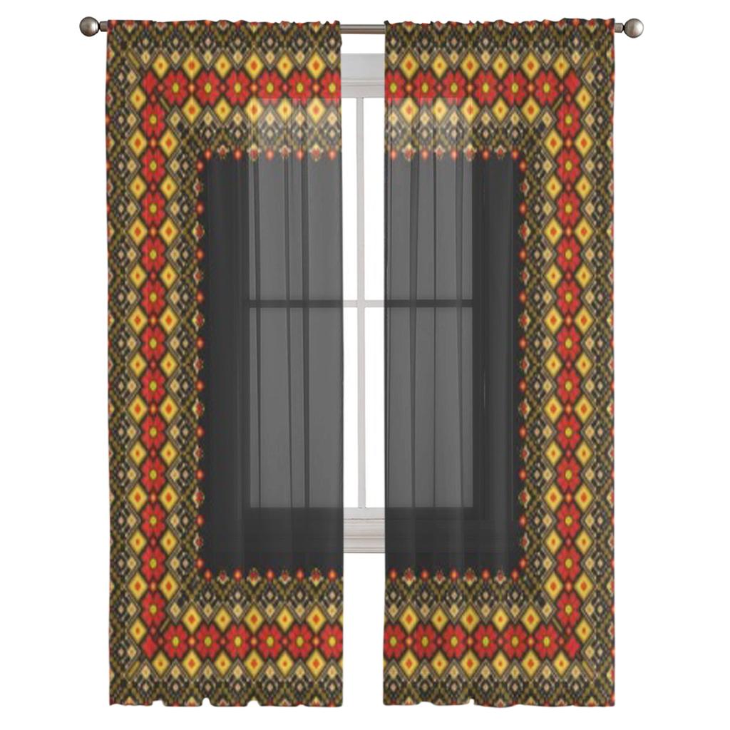 Ukrajinský lidový etnický ornament Průsvitné záclony do obývacího pokoje Průhledná tylová okenní záclona Dekorace do ložnice a kuchyně Závojové závěsy