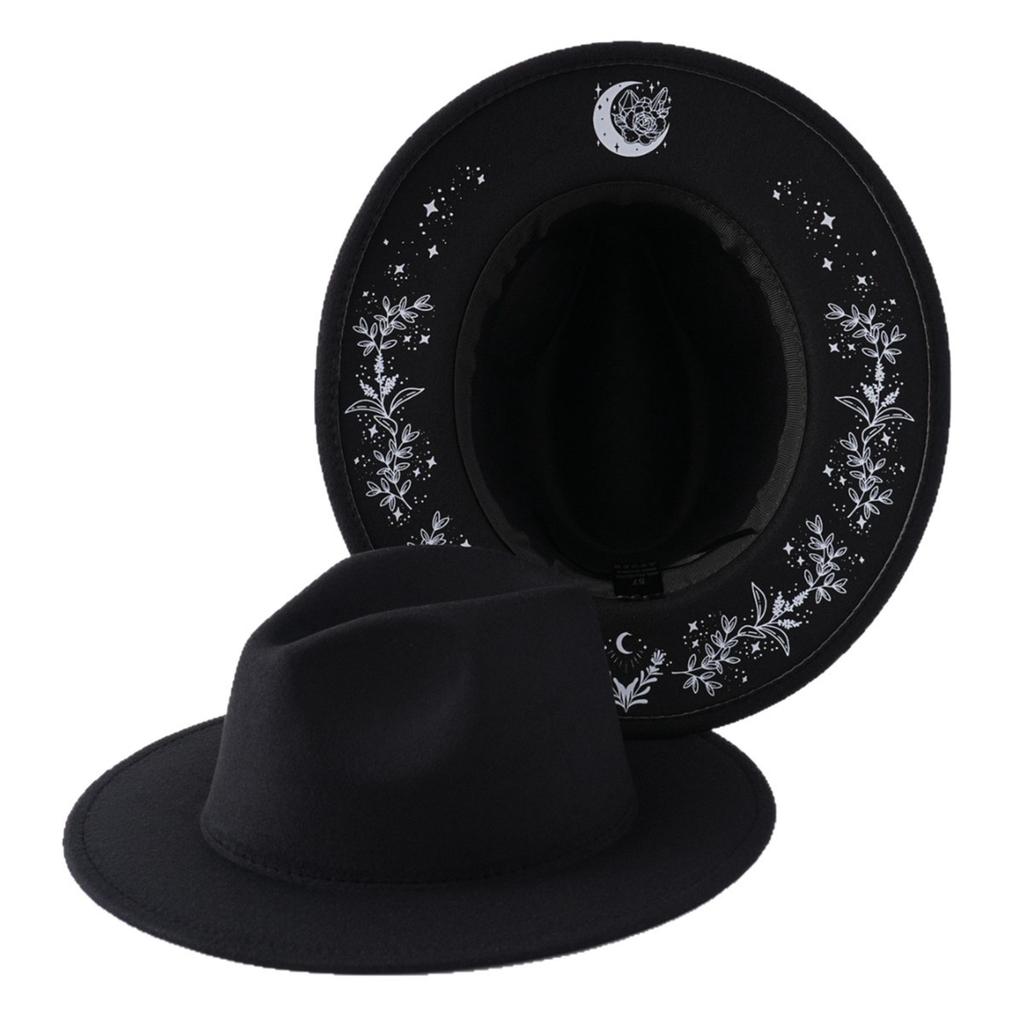 Wildflower Moon Print Fedora Hat Women Men Fashion Personality Autumn Winter Wide Brim Witchy Hat British Retro Flat Top Hat