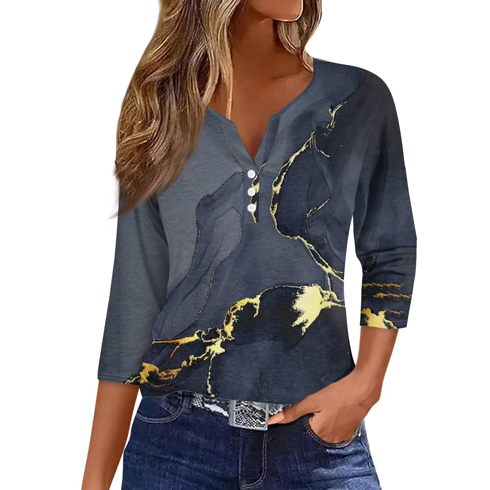 

Женская модная повседневная футболка с v-образным вырезом и семью рукавами, топ на пуговицах с градиентным принтом XL
