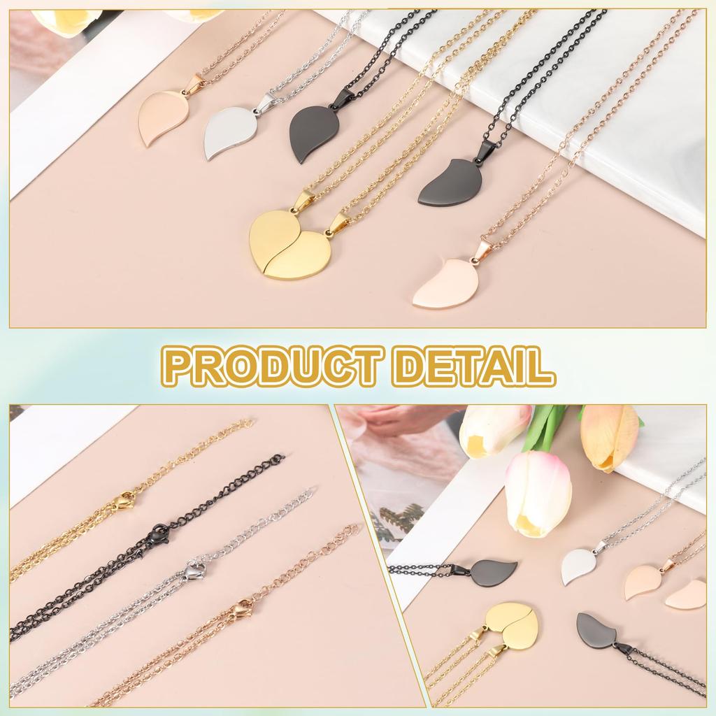 [uxcell] 5-Piece Set Heart Pendant Couple Necklaces, Stainless Steel, Engravable, Adjustable Matching Necklaces for Best Friends, Two Half Heart