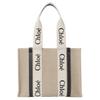 Chloe Woody Logo Print Webbing Tote Bag Women Tote Bags Beige Dark-Blue CHC21US383E6691J