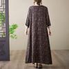 Plus Size Holiday Dress: Cotton & Linen Print, Round Neck, Loose Fit, Long Sleeve