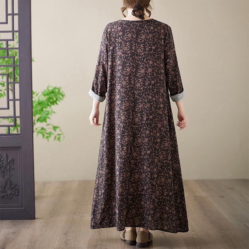 Plus Size Holiday Dress: Cotton & Linen Print, Round Neck, Loose Fit, Long Sleeve