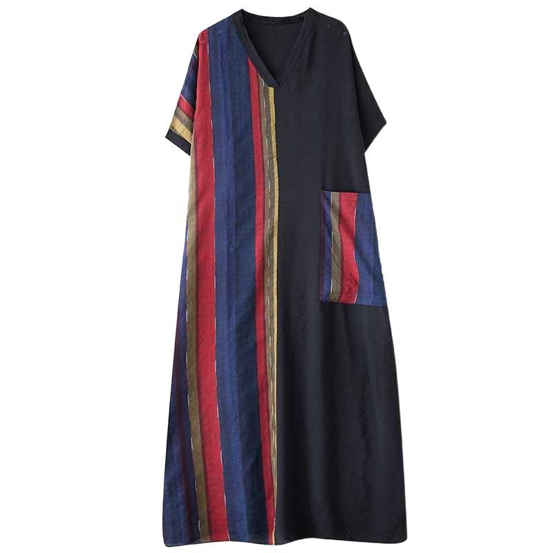 The Real Shot Is Summer New Fat and Thin Cotton and Linen To Cover The Belly and Look Short-sleeved Contrasting Color Splicing Long Dress for Women
