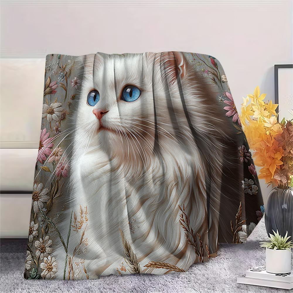 Weiße Katzen-Print Flanelldecke, Hohe Qualität, Bequem für alle Jahreszeiten, Heimdekoration, Wärme und Komfort, Perfekt für Weihnachtsgeschenke