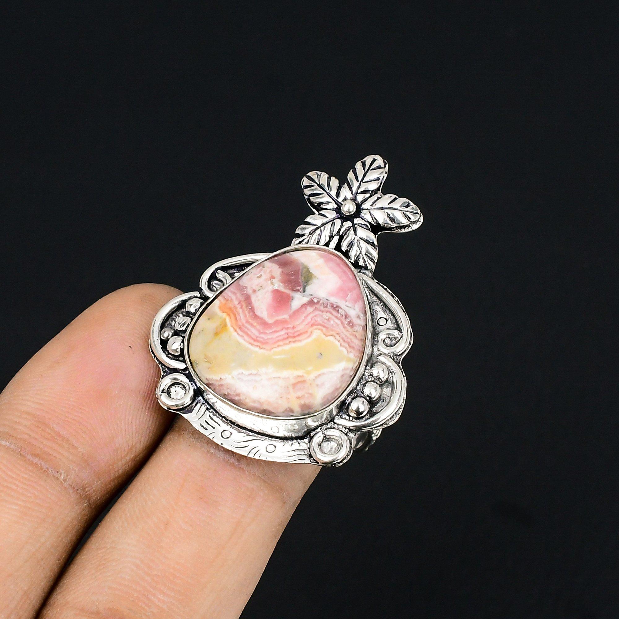 Sterling Silver Rhodochrosite Stone Wife Flower Heart Chakra Ring Jewelry US 7.5 7.5