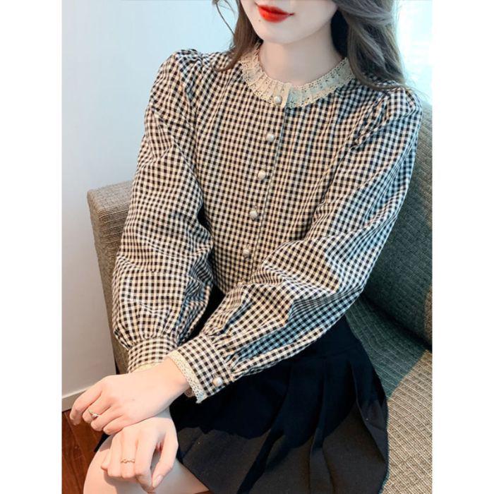 French Retro Plaid Long Sleeve Shirt - Women s Stylish Round Neck Button-Up Extra Large