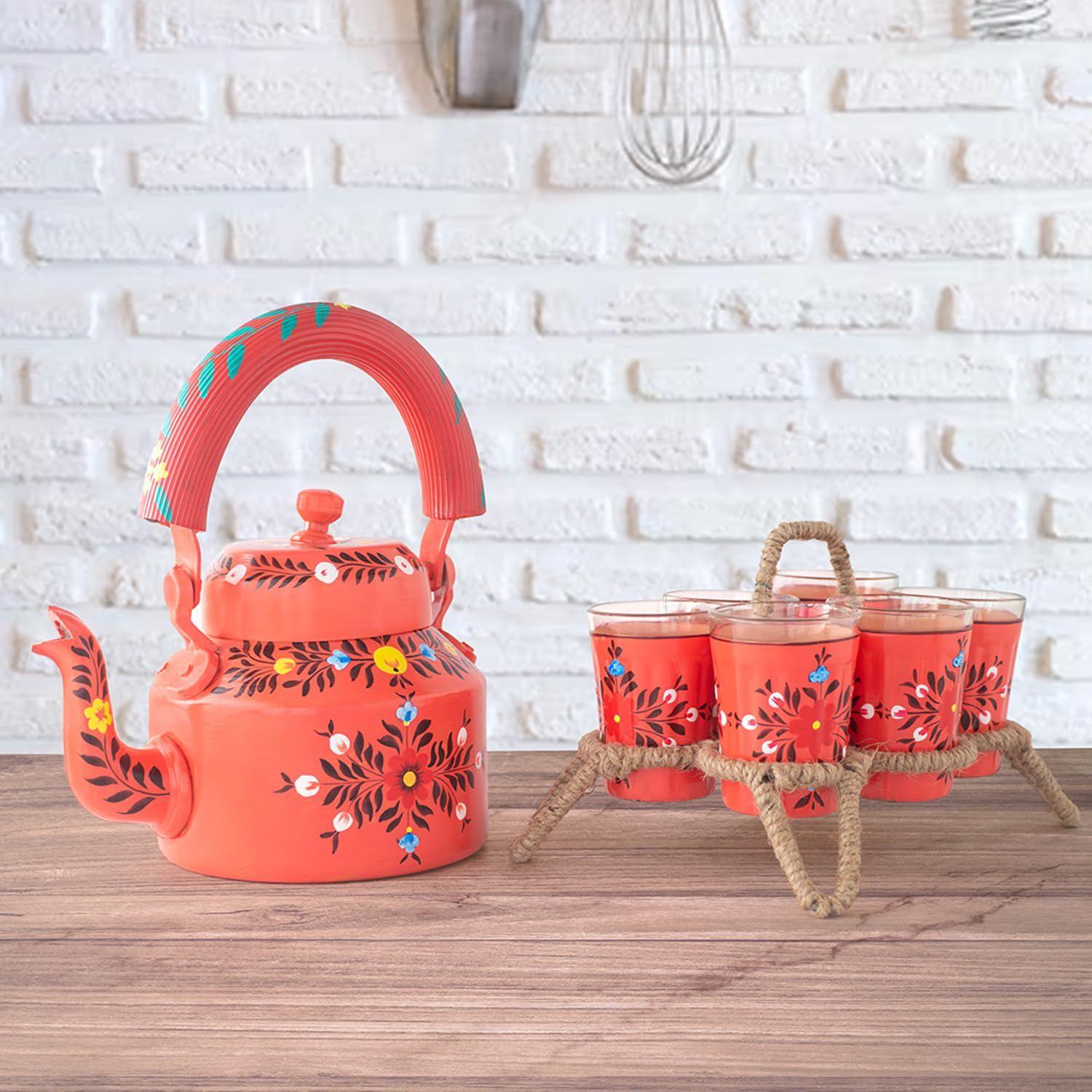 

Чайник/Кофейник из алюминия, ручной работы и ручной росписи, многоцветный, декоративный, и 6 стаканов с подставкой (Красный, Черный, Желтый, Синий). красный