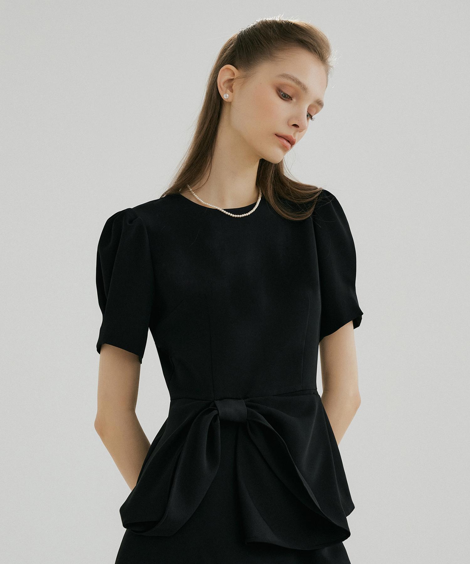 Mullion Ribbon Puffer Blouse Black/S